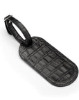 Leather luggage tag, black croc, front