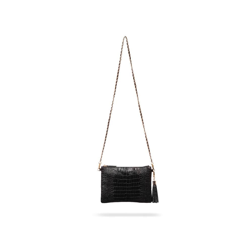 Leather cross body bag with chain strap, black croc, with strap