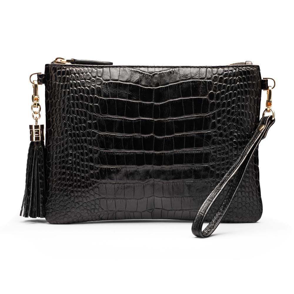 Leather cross body bag with chain strap, black croc, front