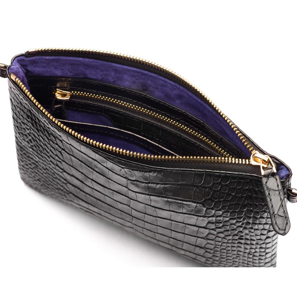 Leather cross body bag with chain strap, black croc, inside