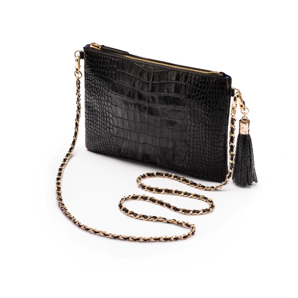 Leather cross body bag with chain strap, black croc