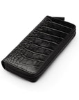 Leather zip around triple pen case, black croc, side