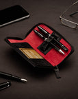 Leather zip around triple pen case, black croc, lifestyle
