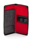 Leather zip around triple pen case, black croc, open