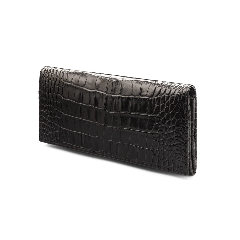 Leather Mayfair concertina purse, black croc, front