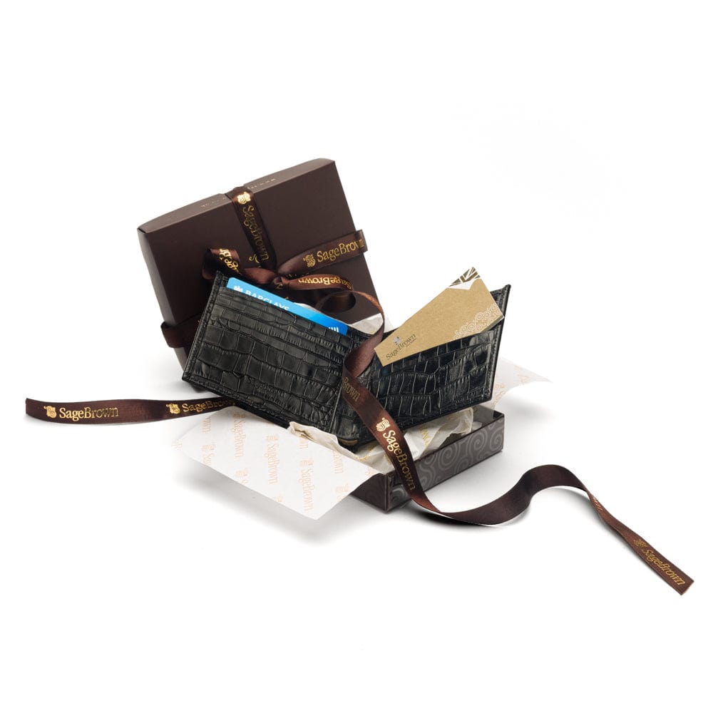 Men's leather billfold wallet, black croc, packaging