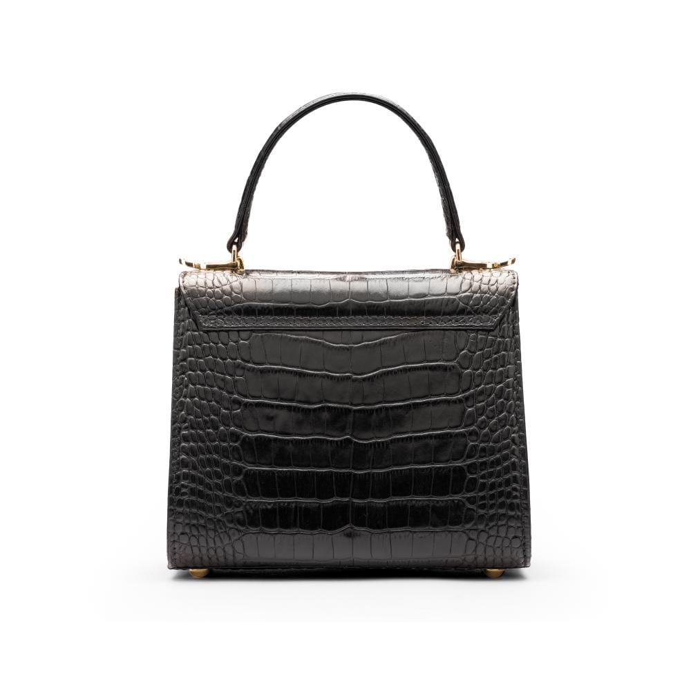 Mini leather Morgan Bag, top handle bag, black croc, back