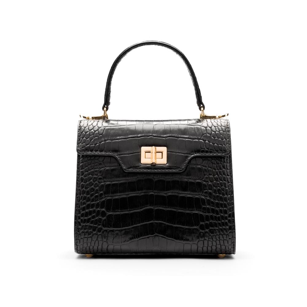 Mini leather Morgan Bag, top handle bag, black croc, front