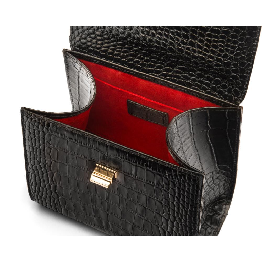 Mini leather Morgan Bag, top handle bag, black croc, inside
