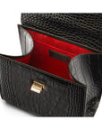 Mini leather Morgan Bag, top handle bag, black croc, inside