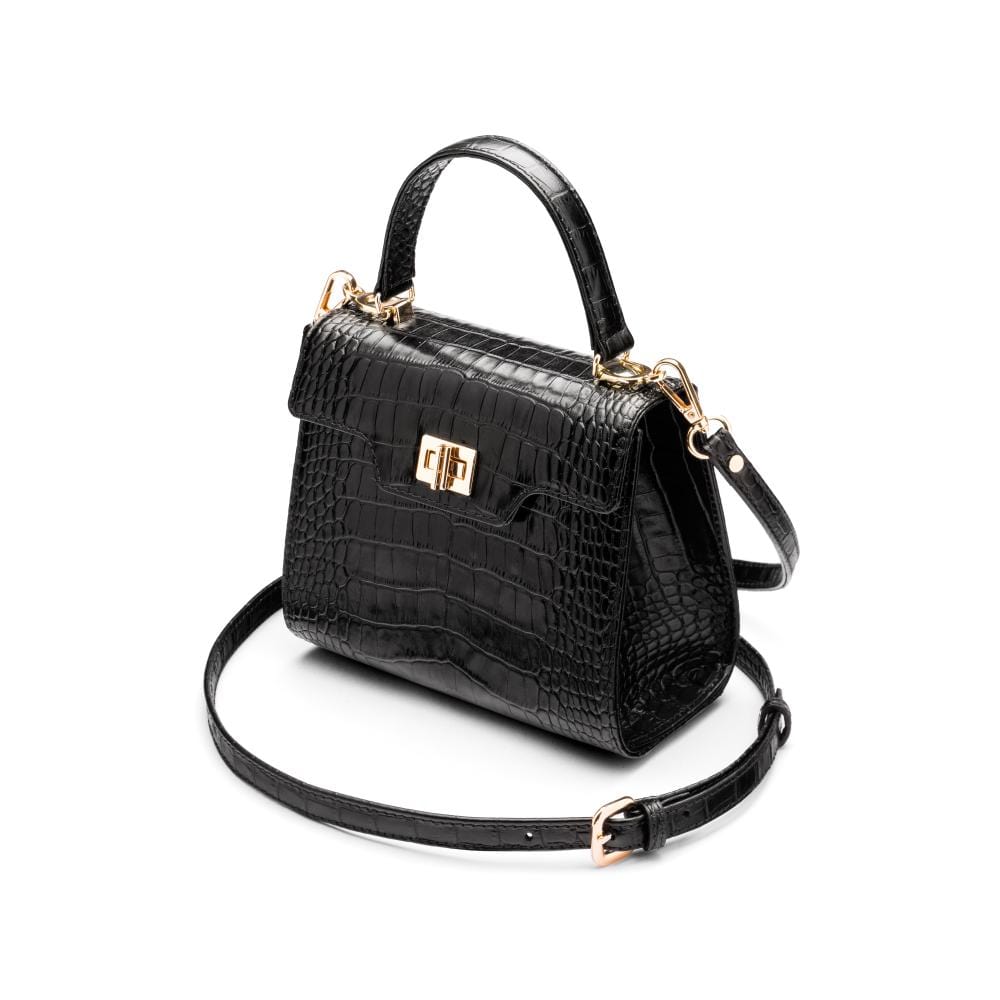Mini leather Morgan Bag, top handle bag, black croc, side view