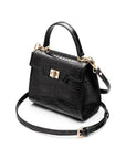 Mini leather Morgan Bag, top handle bag, black croc, side view