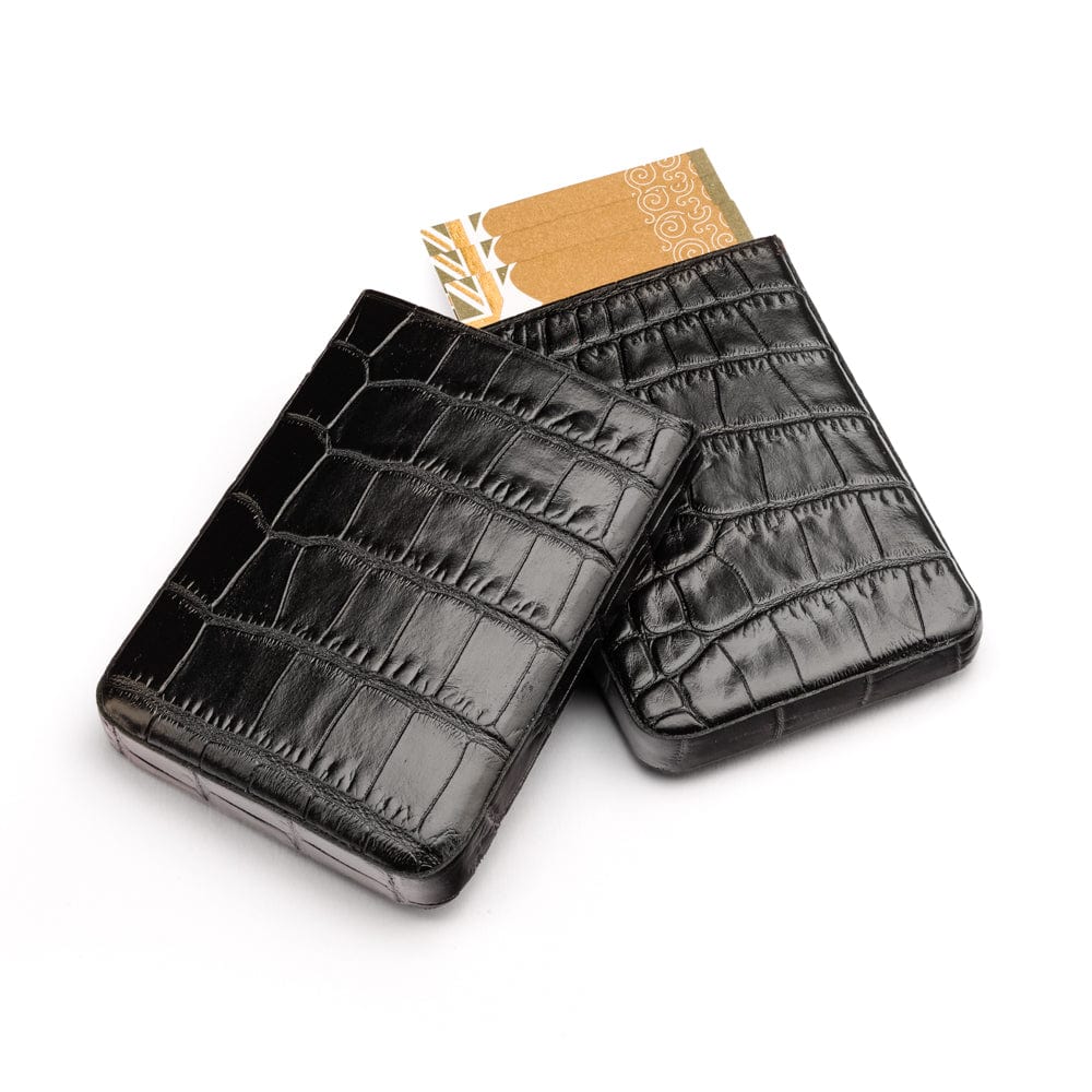 Pull apart business card holder, black croc, open