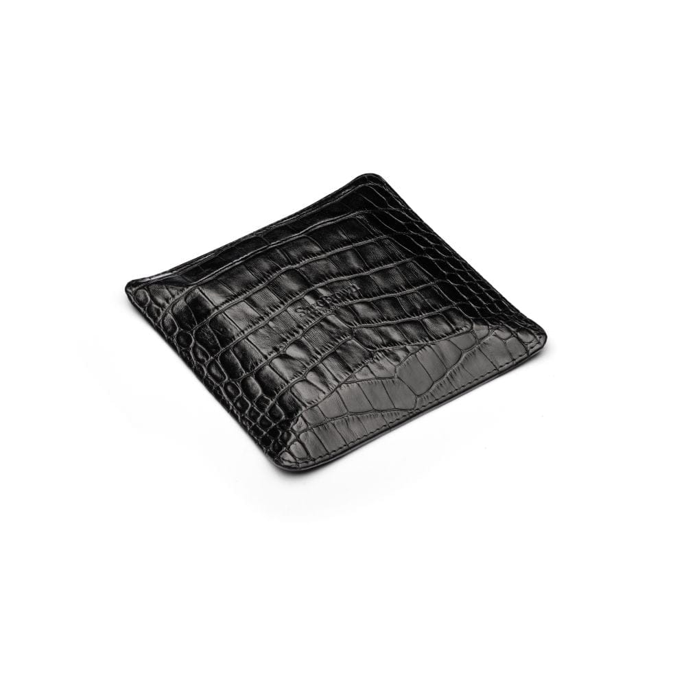 Small leather valet tray, black croc, flat base