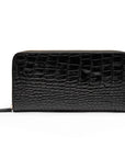 Tall leather zip around accordion purse, black croc, back
