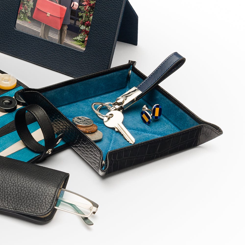 Leather valet tray, black croc with cobalt, lifestyle