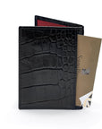 Premium Slim RFID Leather Credit Card Wallet, black croc with red, back
