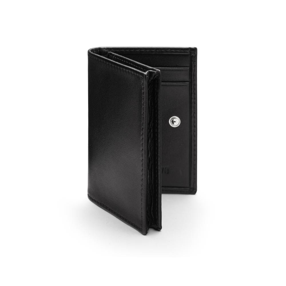 Expandable leather business card holder with stud, black, front