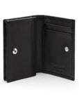 Expandable leather business card holder with stud, black, open