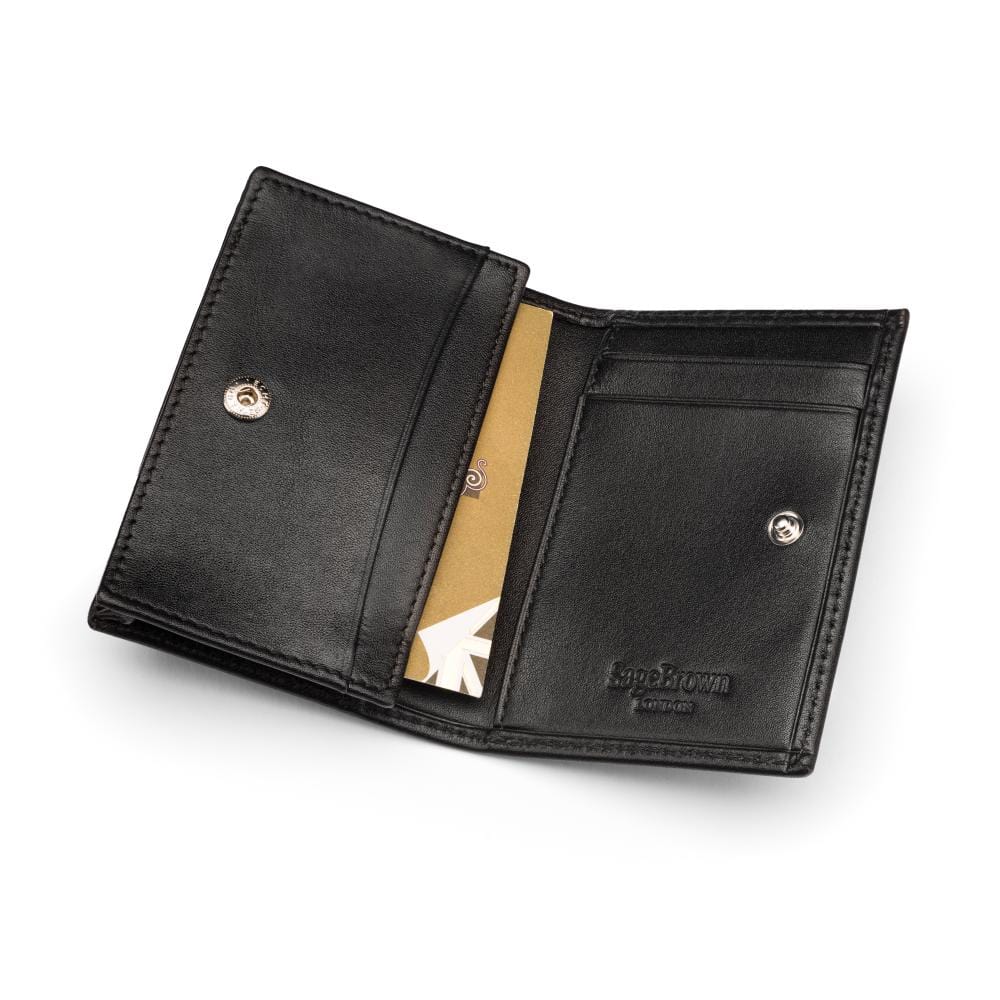 Expandable leather business card holder with stud, black, inside