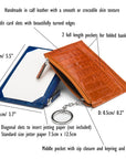Flat leather card wallet with jotter and zip, features and dimensions