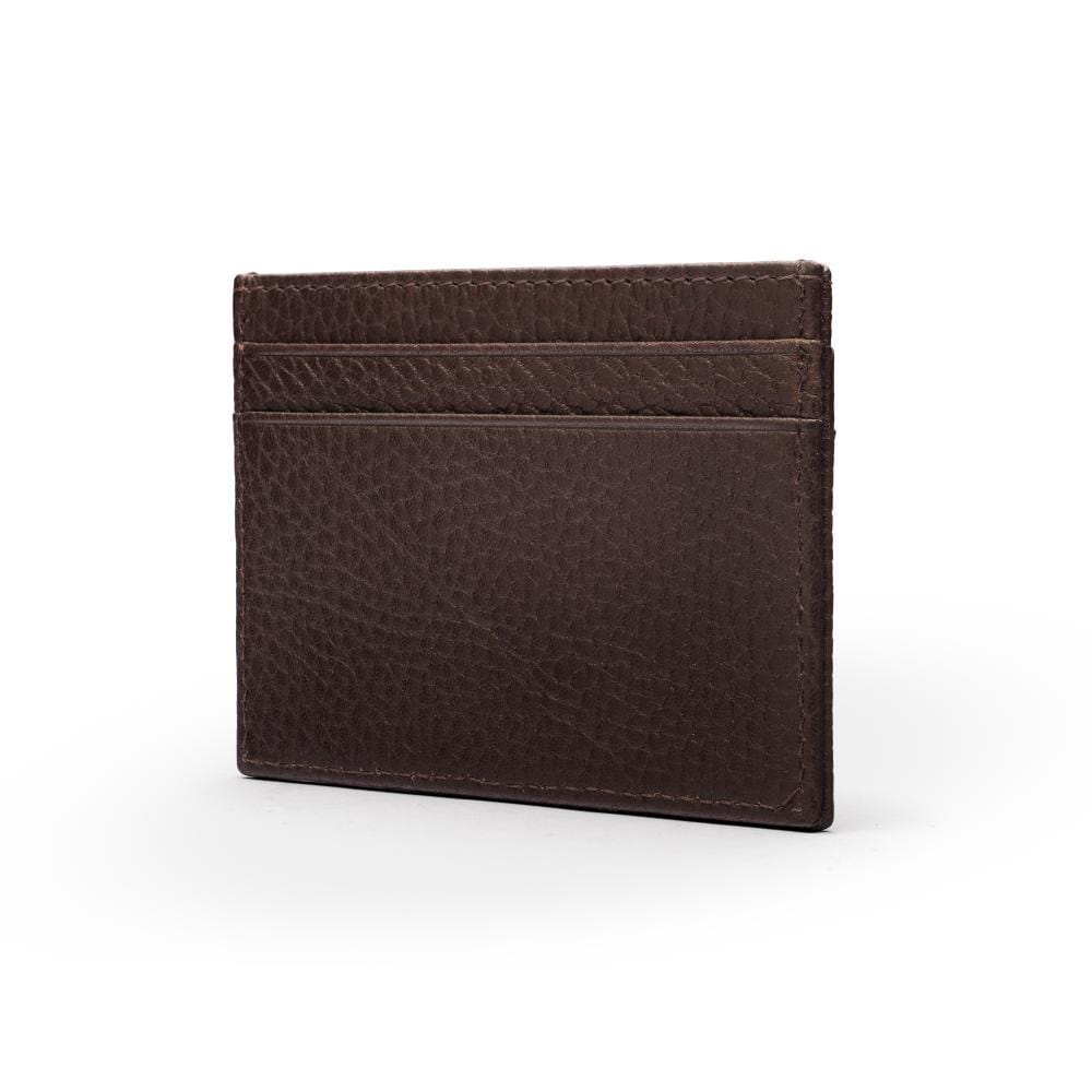 Flat leather credit card wallet 4 CC, brown pebble grain, front