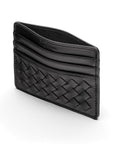 Flat woven leather card holder, black, back