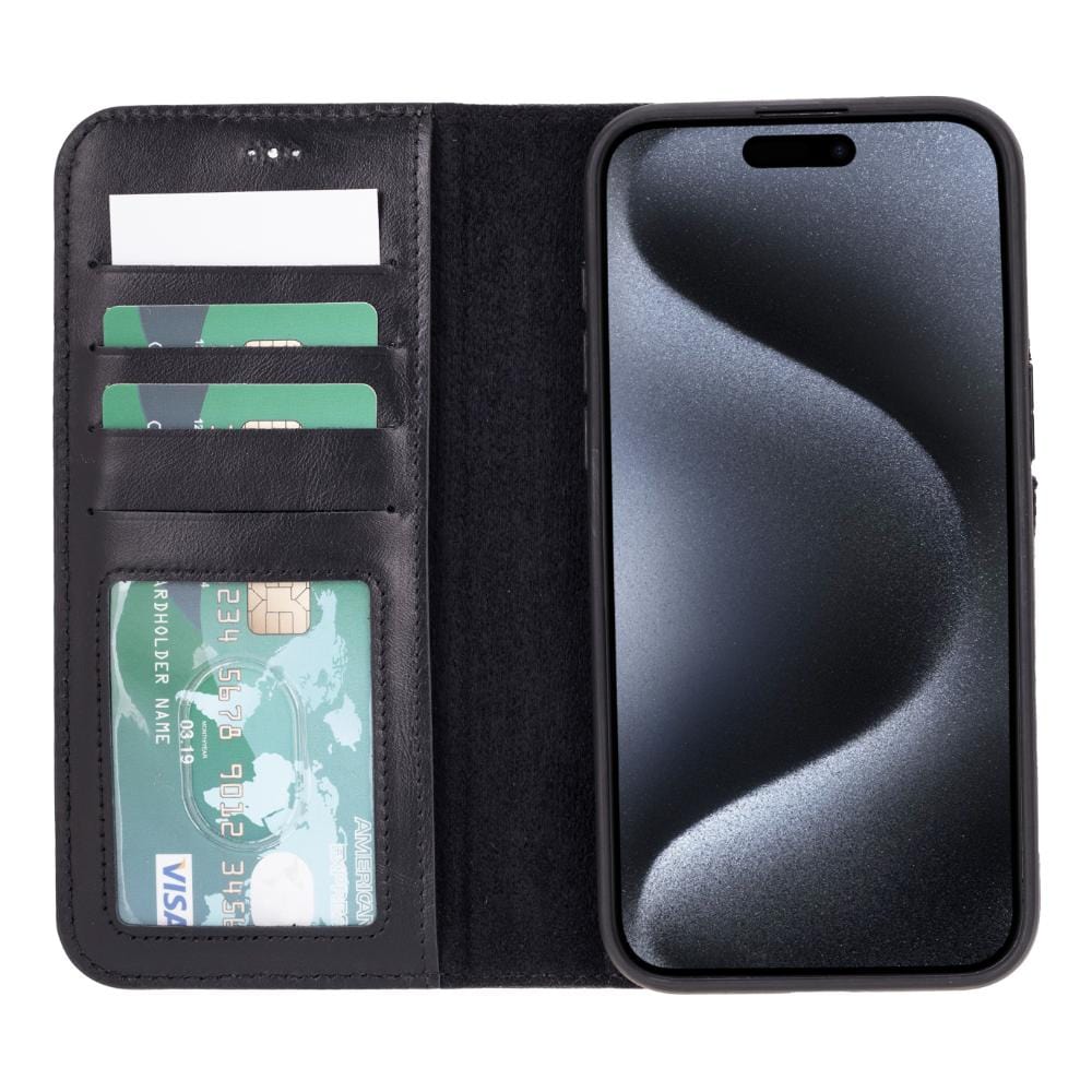iPhone 15 Pro Max case in leather with RFID, black, open