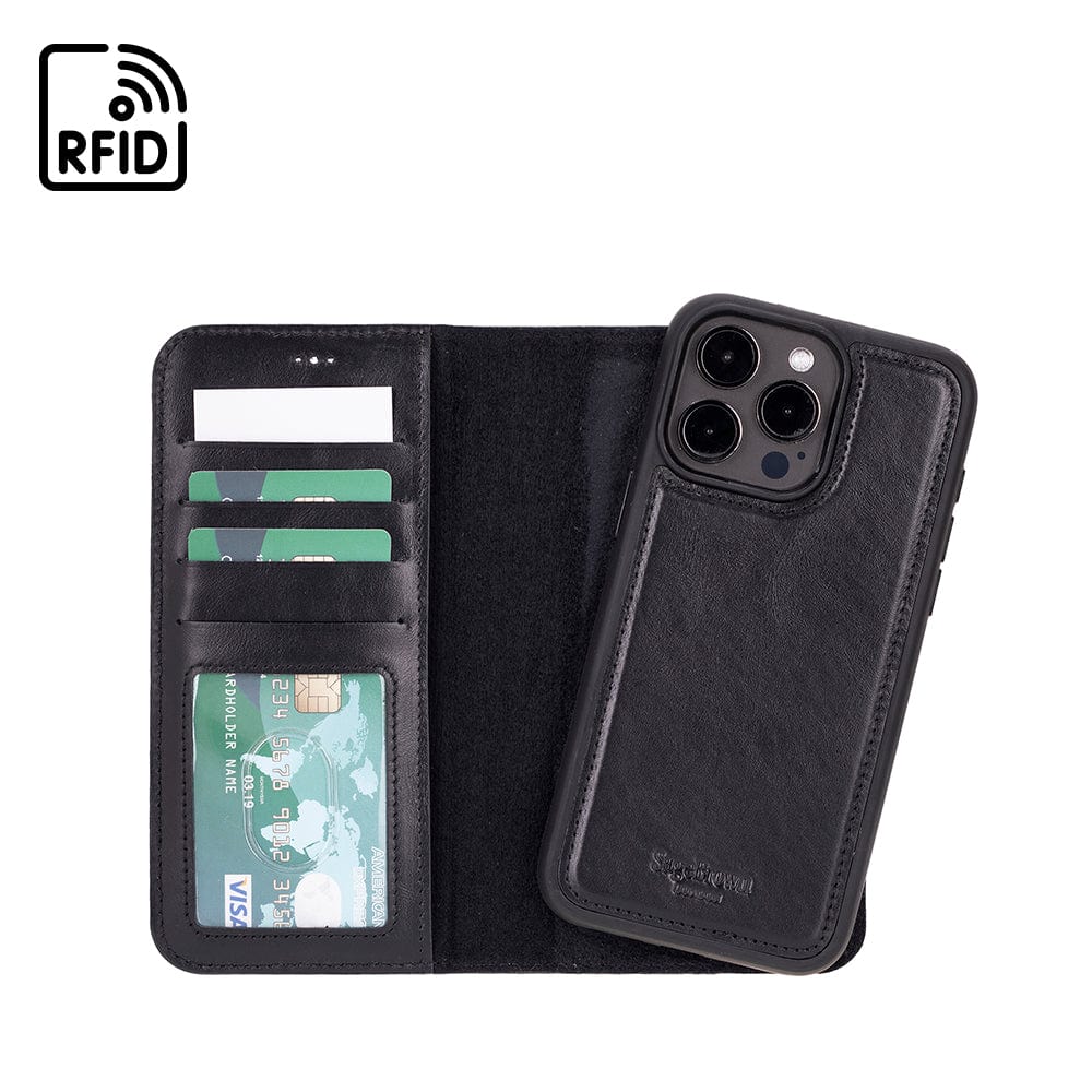 iPhone 15 Pro Max case in leather with RFID, black, inside