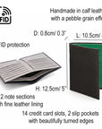 Tall RFID leather wallet 14 cc, features and dimensions