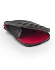 Leather card case with zip, black pebble grain, open