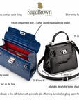 Leather Catherine top handle bag, features and dimensions