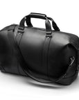 Leather duffel travel bag, black, with shoulder strap