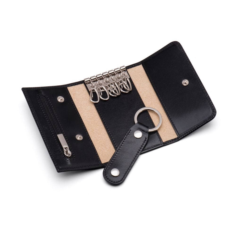 Leather key ring with detachable fob, black, inside