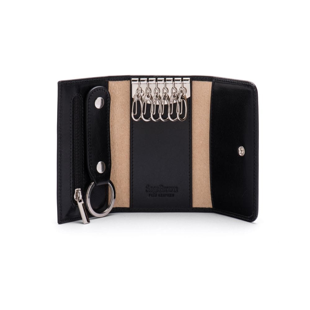 Leather key ring with detachable fob, black, open