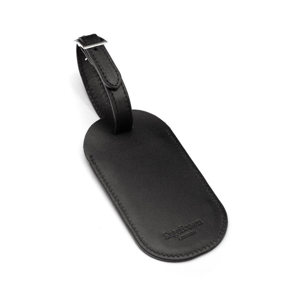 Leather luggage tag, black, back