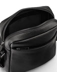 Leather messenger bag with zip, black, open from the back view
