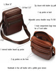 Leather messenger bag with zip, features and dimensions
