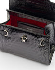 Leather mini Catherine bag, black patent croc, inside