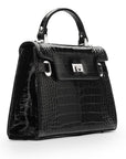 Leather mini Catherine bag, black patent croc, side view