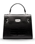 Leather mini Catherine bag, black patent croc, front