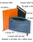 Leather travel document and currency case, features and dimensions
