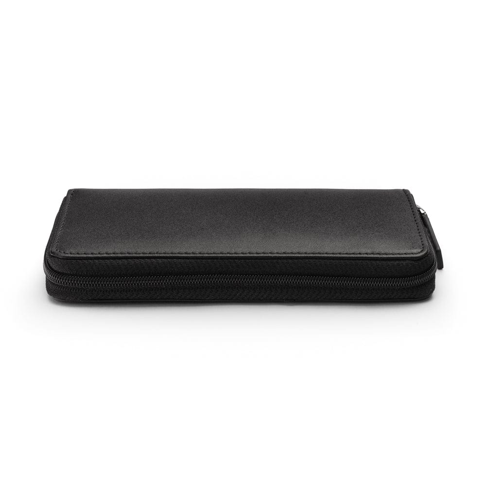 Leather zip around triple pen case, black with cobalt, zip