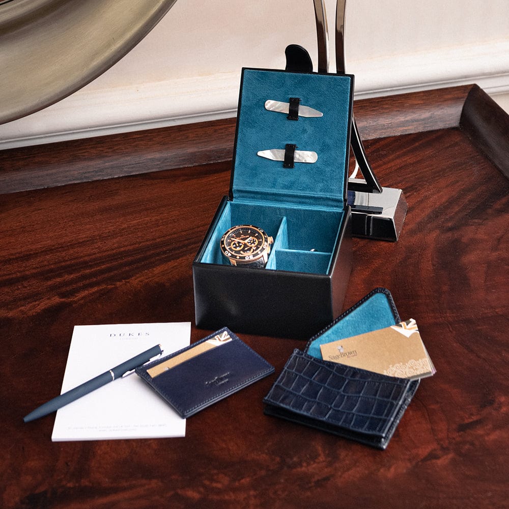 Men's leather accessory box, black with cobalt, lifestyle