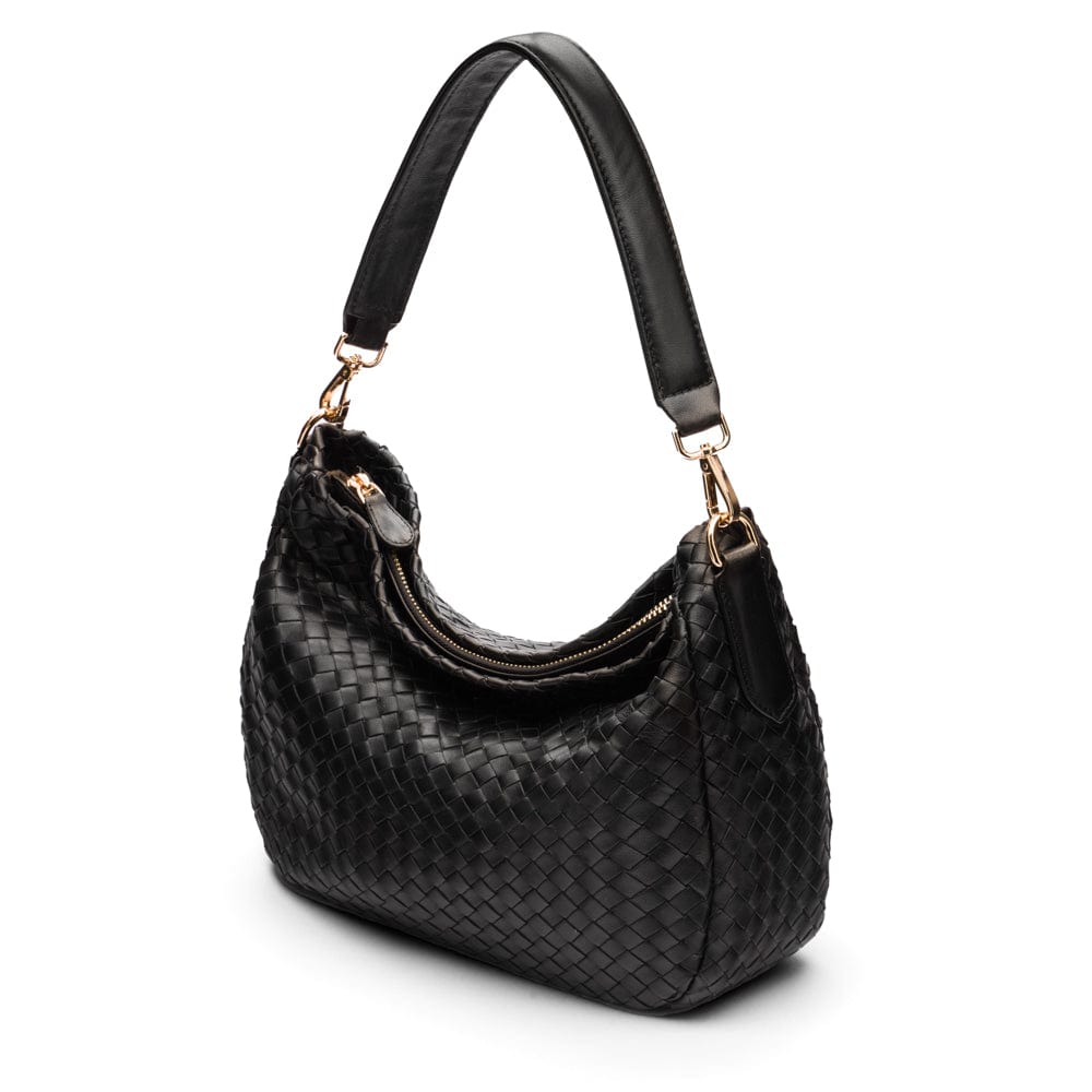 Leather Slouchy Shoulder Bag, Black Woven Bags SageBrown