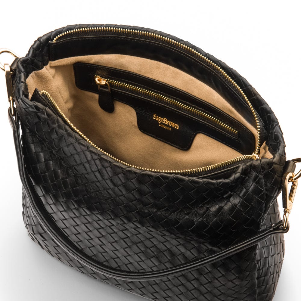 Leather Slouchy Shoulder Bag, Black Woven Bags SageBrown