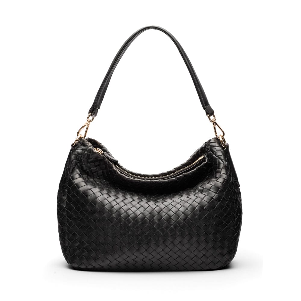 Leather Slouchy Shoulder Bag, Black Woven Bags SageBrown