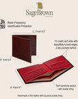 Leather RFID wallet with 10 card slots, features and dimensions
