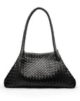Midi woven leather bag, black, trapeze shape