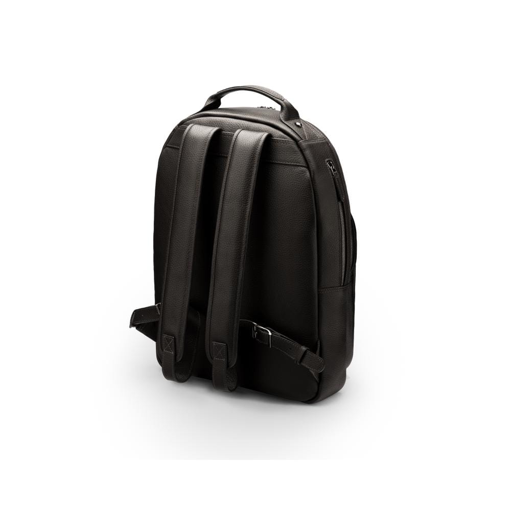 Men's leather 15" laptop backpack, black pebble grain with gunmetal zips, reverse